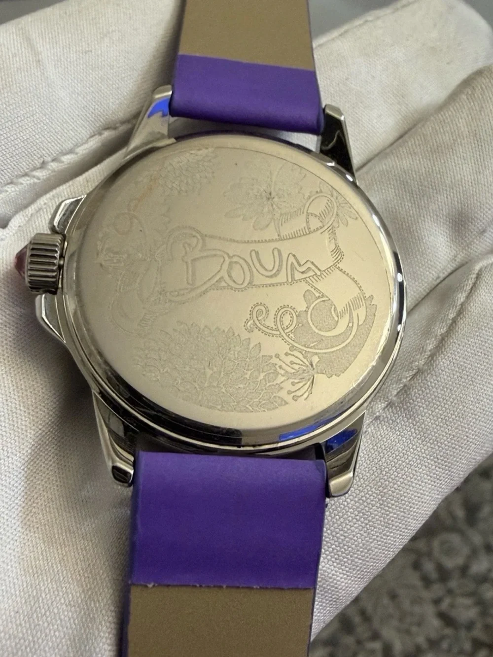 BOUM Women's Quartz Watch White Dial Purple Silicone Strap Silver Charms 38mm